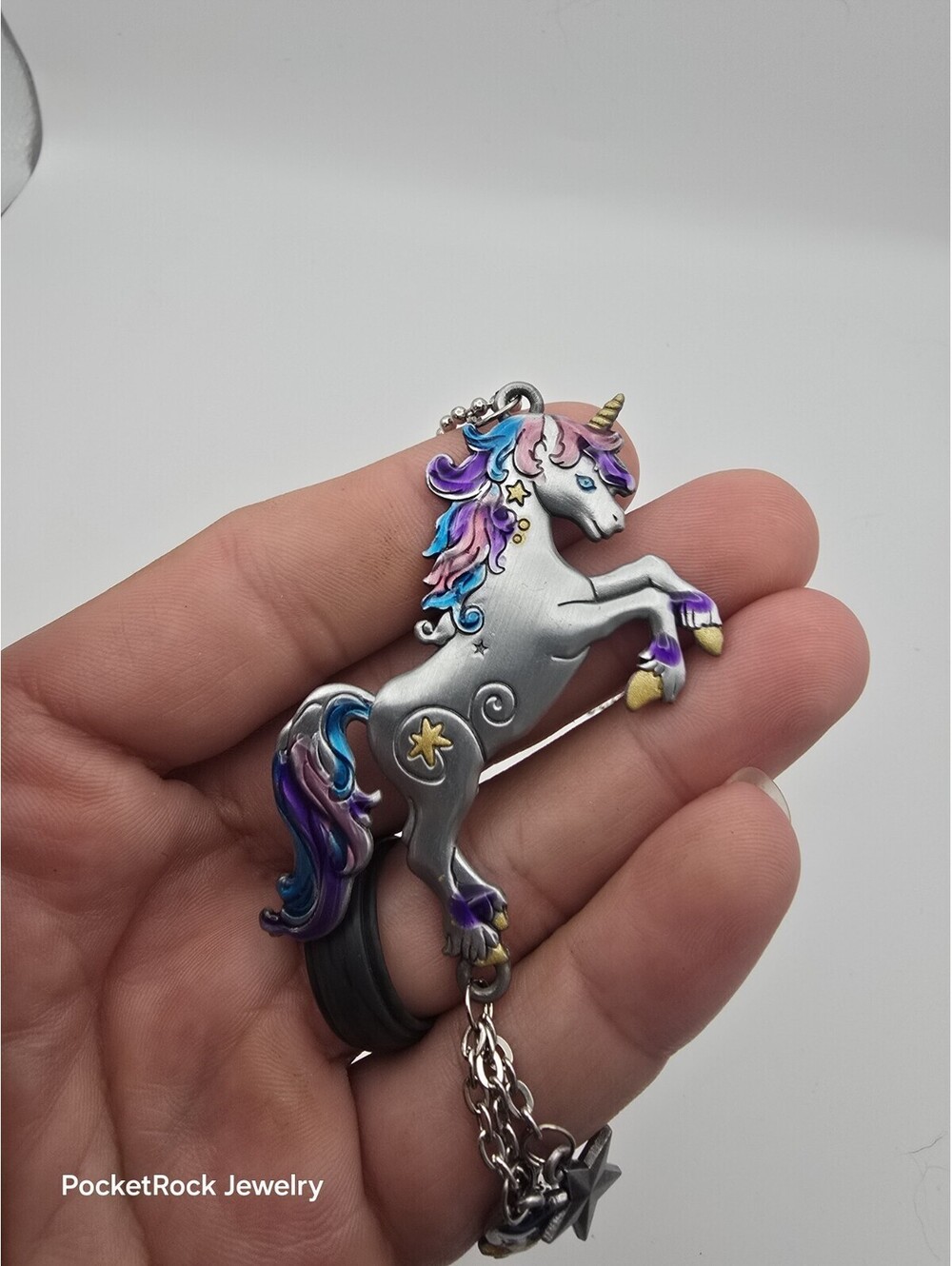 Unicorn Rear View Mirror Charm Car Hanging Ornament Pewter Tone Hand Painted